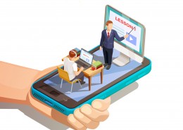 Online education isometric concept with hand holding smartphone with teacher and student on top of screen vector illustration